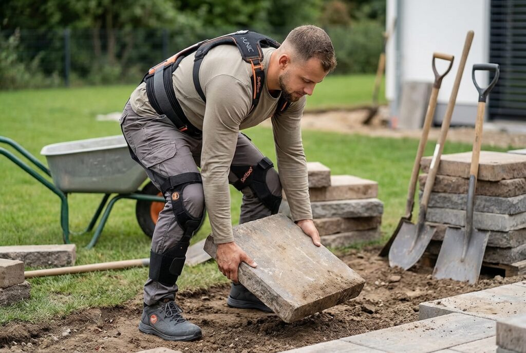 Maçon équipé d'un exosquelette posant des dalles de béton au sol sur un chantier